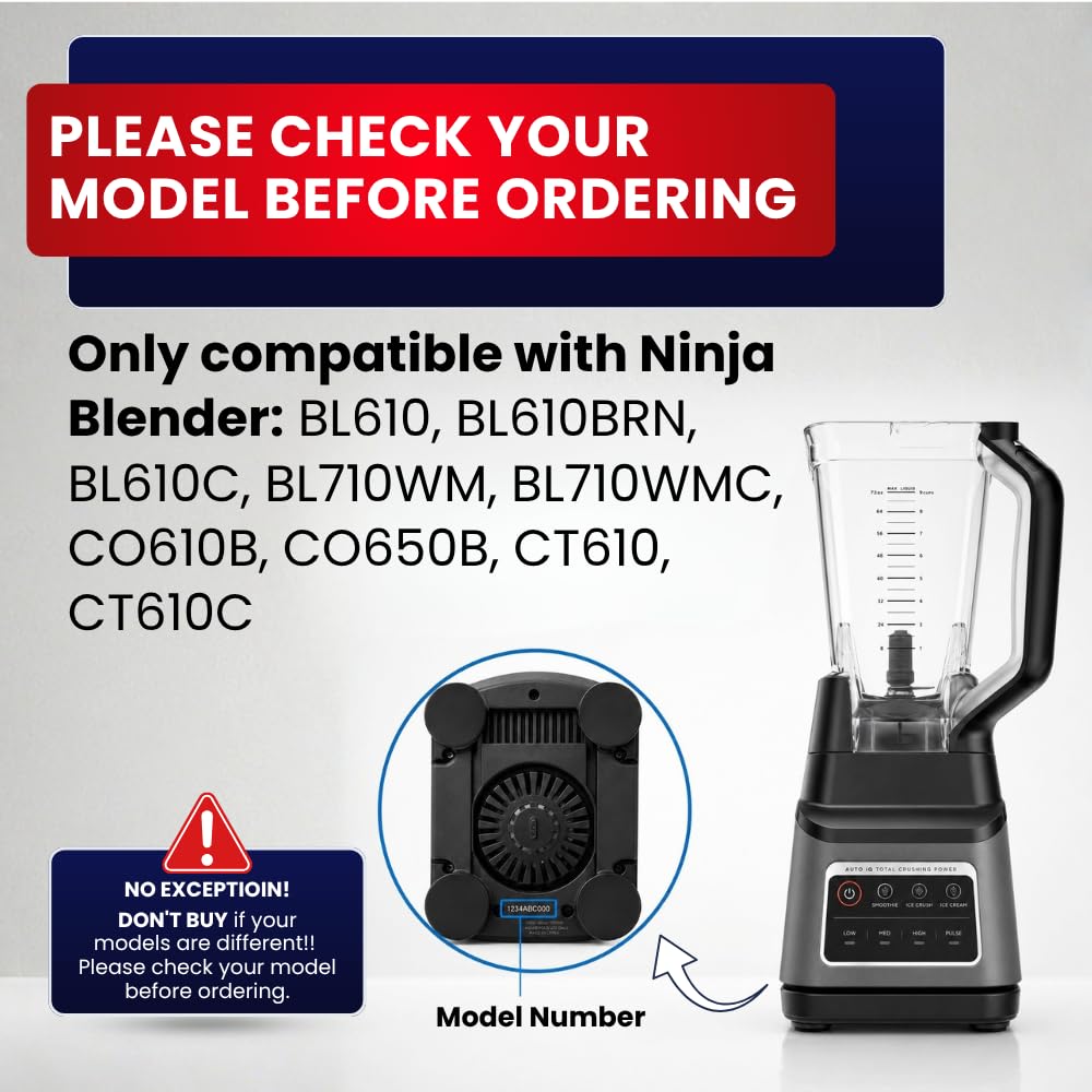 BL610C, BL710WM Replacement Pitcher with Locking Lid Compatible with Ninja Blender BL610BRN, BL610C, CO610B, CO650B, CT610 – Raised Six-Fin Base, 72 oz