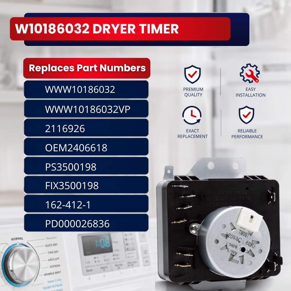 W10186032 WPW10186032 Dryer Timer for Kenmore Dryers 7MKGDS400DW0 11075102311 11065132411 110C65132411 – Replaces WPW10186032VP 162-412-1, 120VAC 60Hz