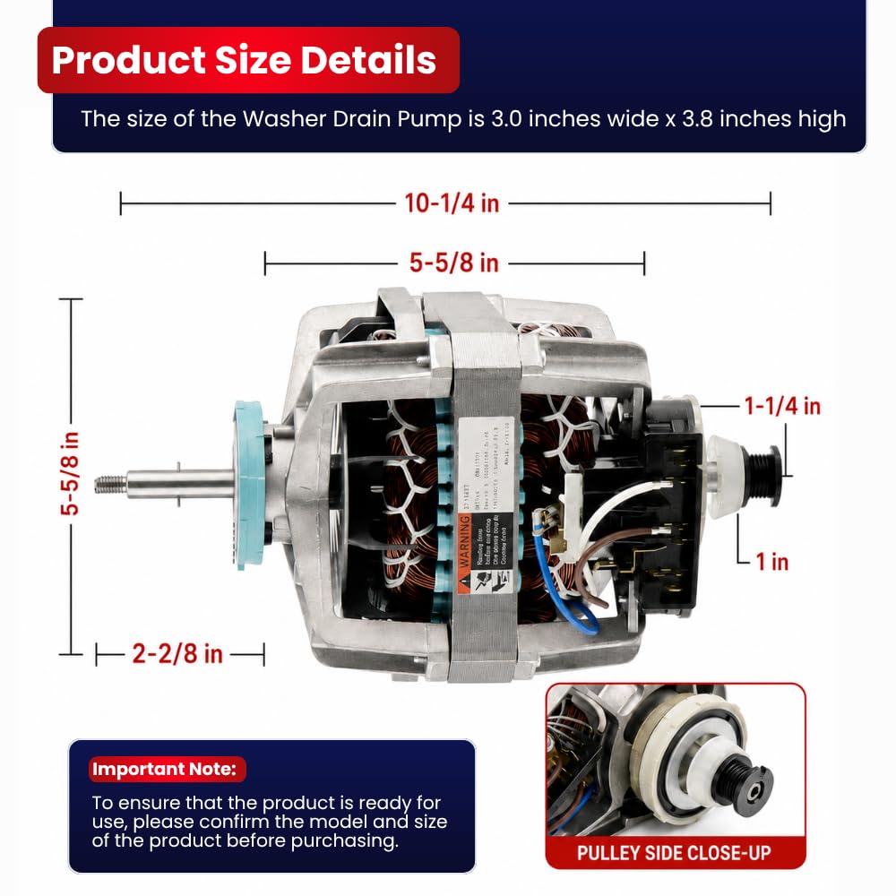 279827 Dryer Drive Motor with Pulley, Upgraded 2.25-Inch Blower Shaft, 1/3 HP 1725 RPM for Whirlpool Maytag Kenmore KitchenAid Amana Roper – Replaces W10194250 AP3094245 PS334304