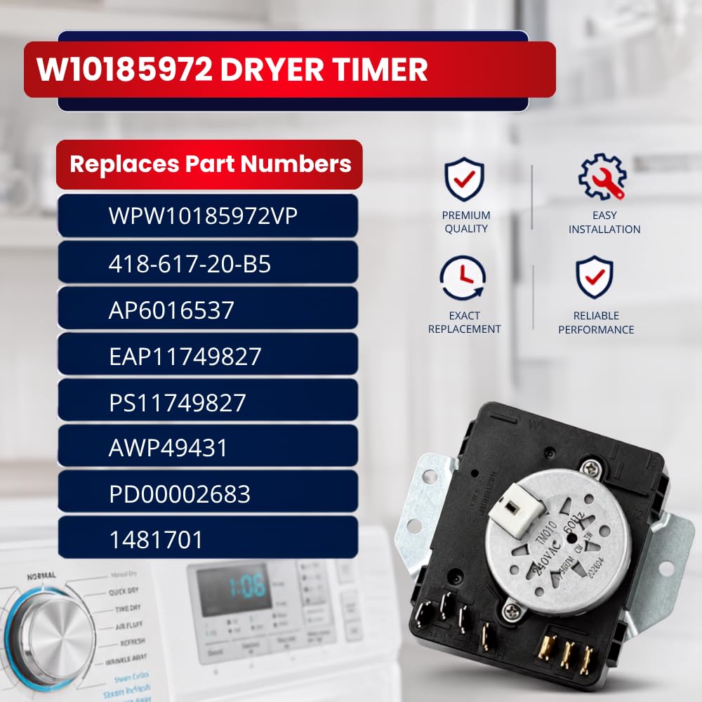 W10185972 Dryer Timer for Whirlpool AED4475TQ1 RED4440VQ1 NED5100TQ1 YAED4475TQ1 IED4400VQ1 EED4300VQ1 – Replaces WPW10185972VP AP6016537 PS11749827