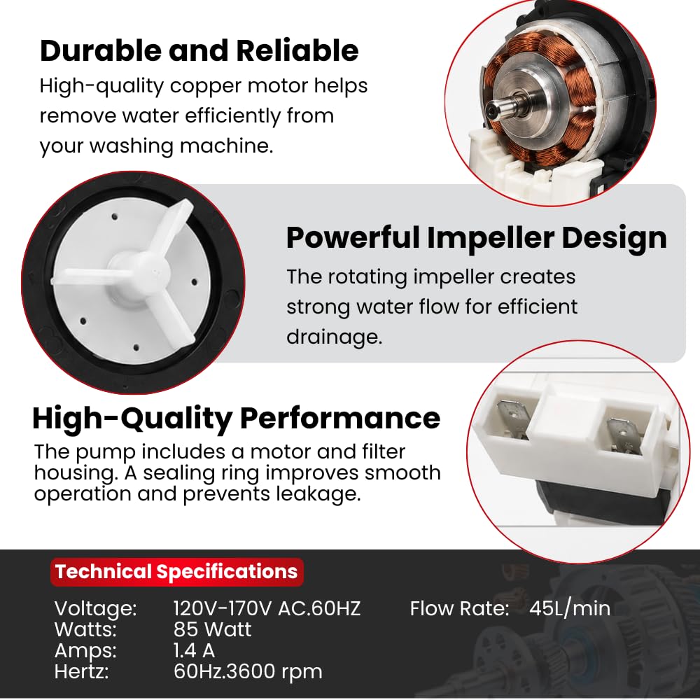 4681EA2001T Washer Drain Pump Motor for LG and Kenmore Washing Machines – 120V 85W, Replaces AP5328388 PS3579318 4681EA1007G 4681EA1007D, Fits WM2101HW WM3270CW