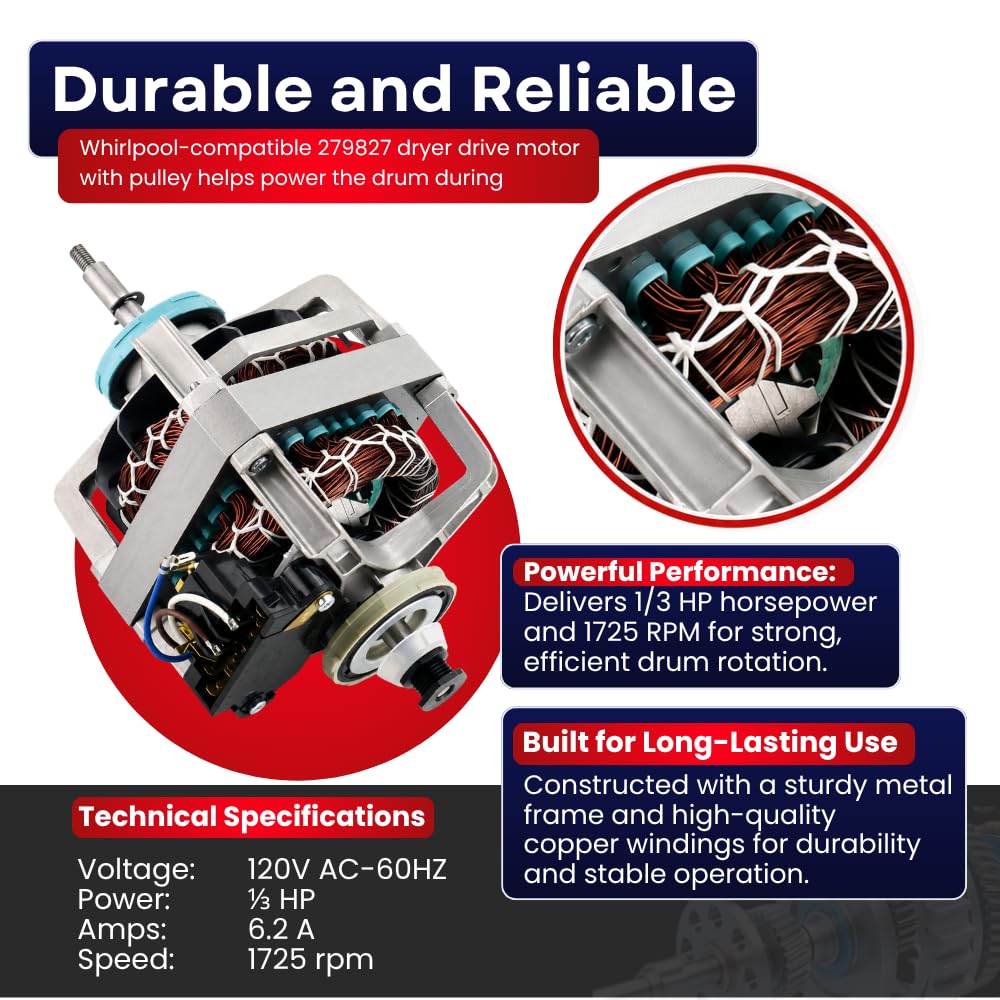 279827 Dryer Drive Motor with Pulley, Upgraded 2.25-Inch Blower Shaft, 1/3 HP 1725 RPM for Whirlpool Maytag Kenmore KitchenAid Amana Roper – Replaces W10194250 AP3094245 PS334304